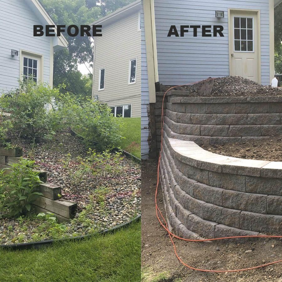 Before-and-after yard view: overgrown slope on left, stacked stone retaining wall and cleared area on right.