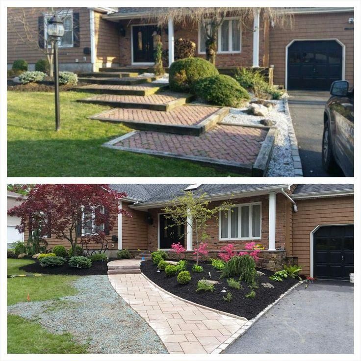 Before-and-after of a front yard makeover with curved paver walkway, new landscaping, and fresh mulch