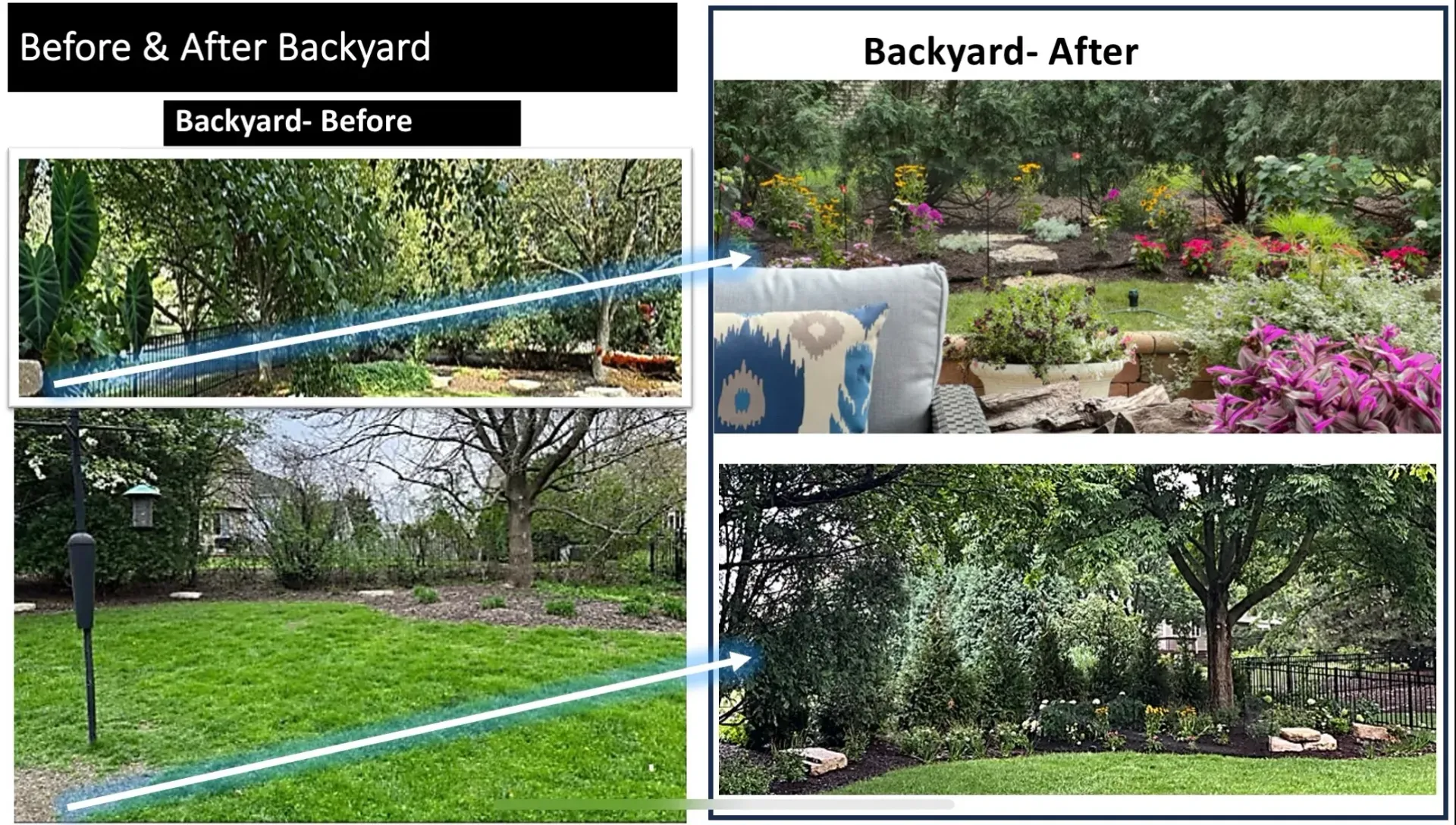 Before-and-after backyard photos showing a brighter, landscaped garden with flowers and trees