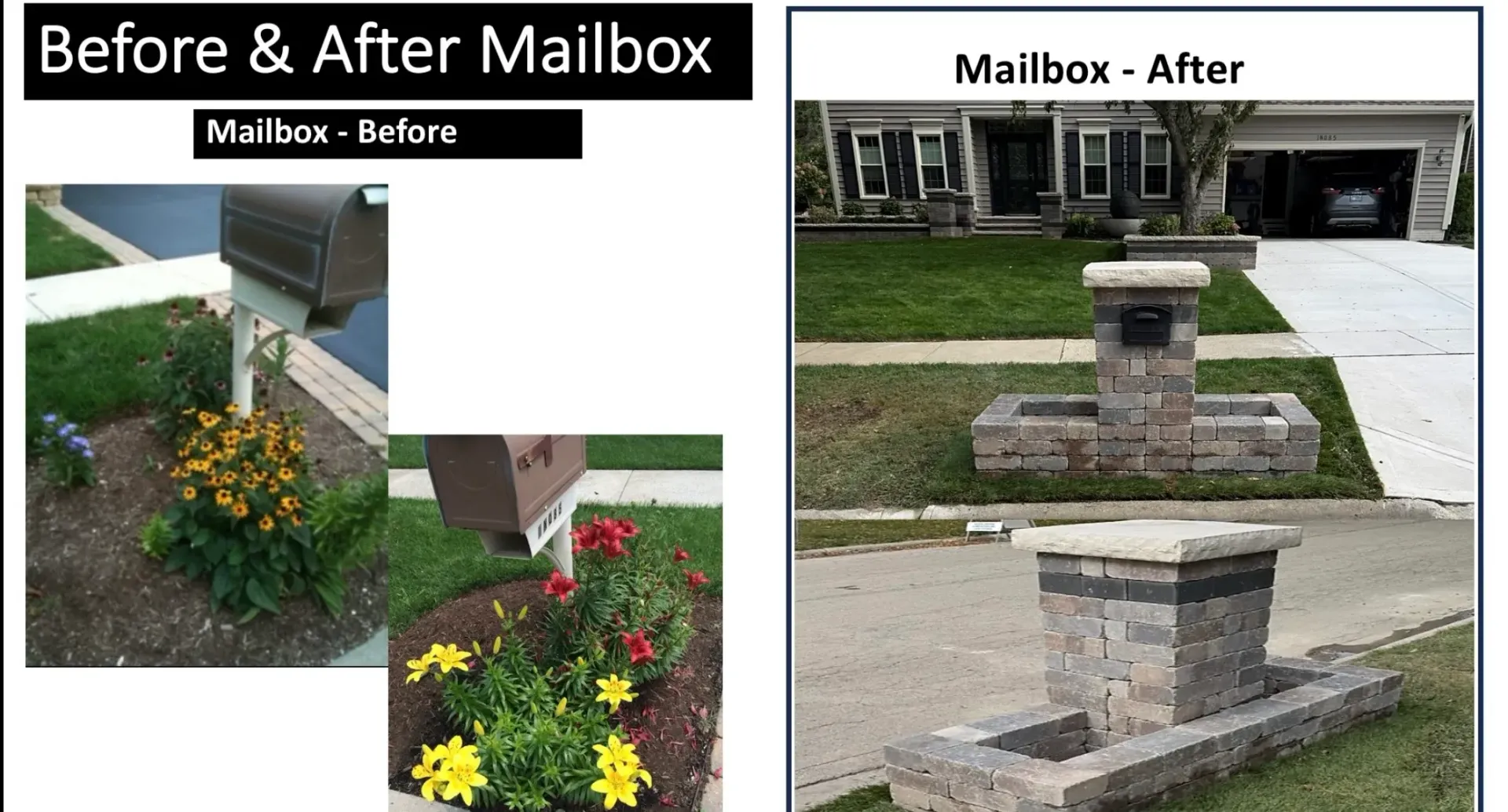 Before-and-after mailbox landscaping with flowers and stone mailbox upgrade