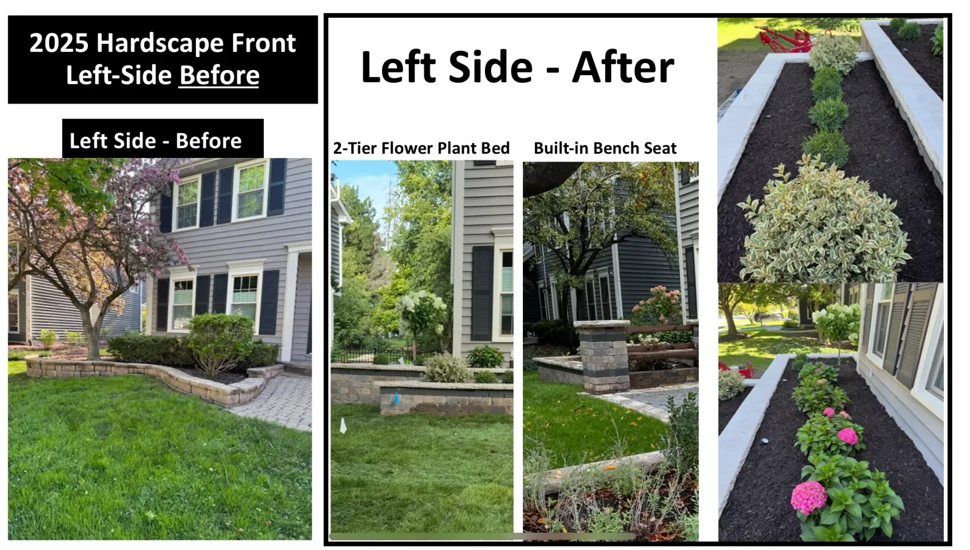 Front yard hardscape makeover with stone walkway, garden beds, and a flowering tree beside the house