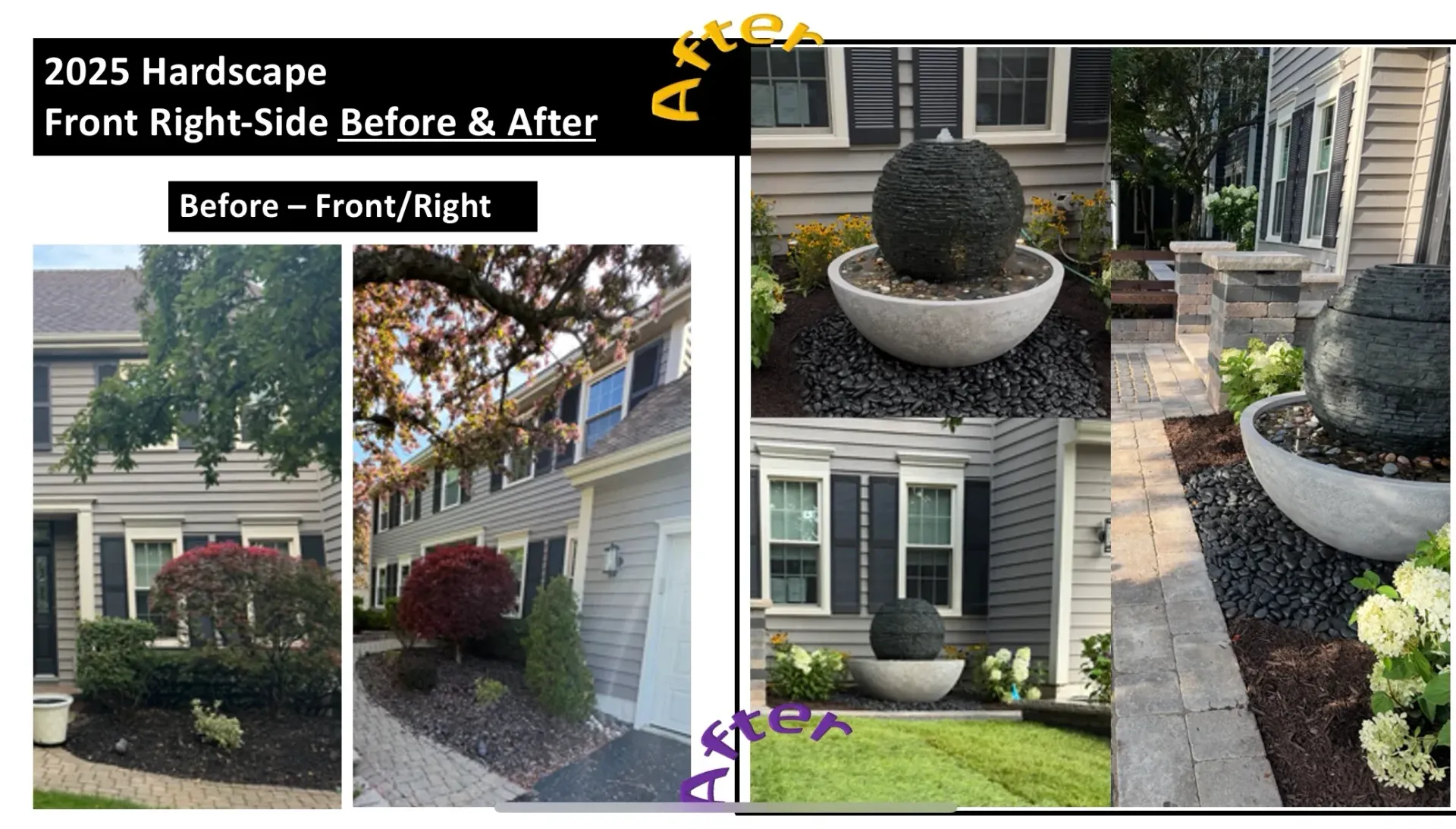 Before-and-after front entry landscaping with topiary planters and trimmed shrubs at a house.