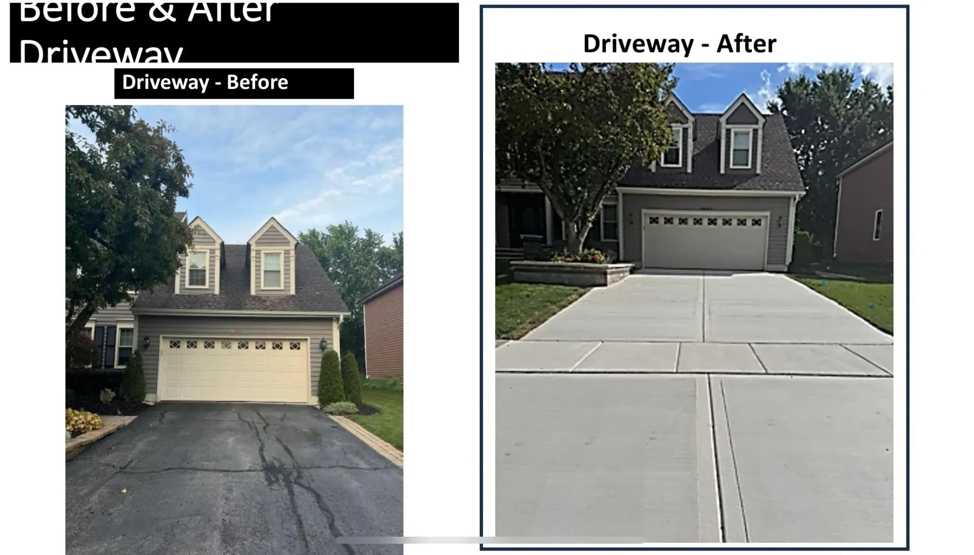 Before-and-after driveway view of a house with a repaired concrete driveway.