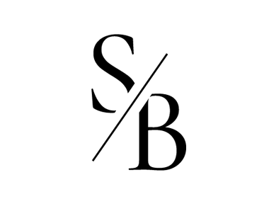 A black logo featuring a stylized letter 