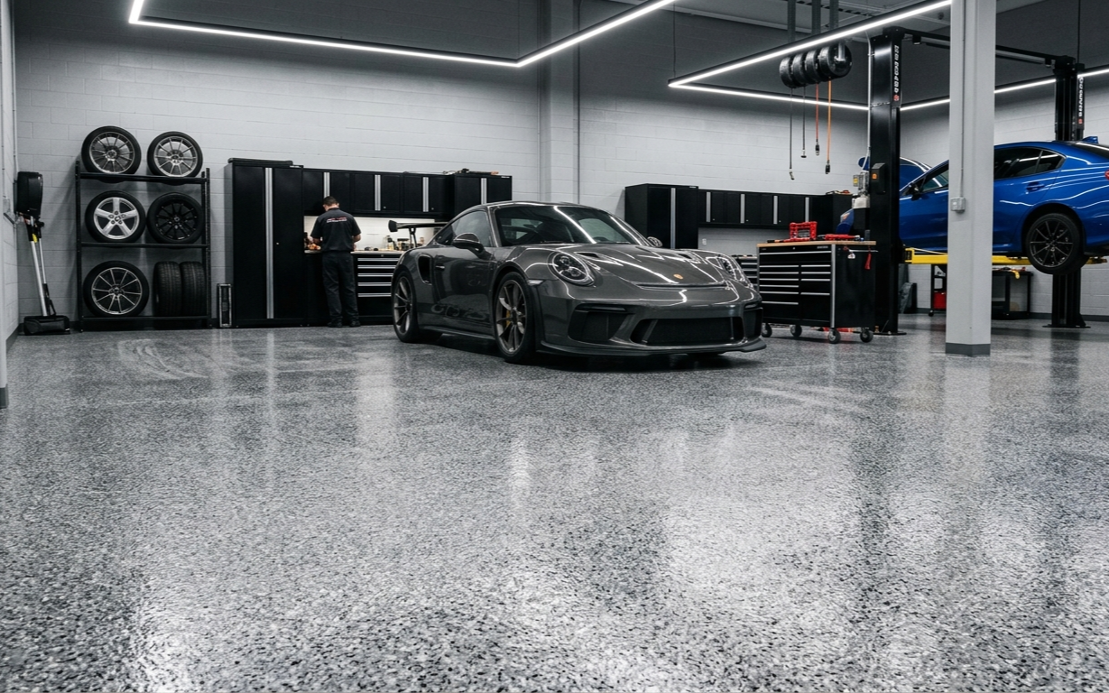 A dark grey sports car parked in a modern auto shop with a speckled epoxy floor, a workbench, and a blue car on a lift.