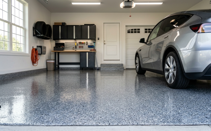 A tidy garage with a glossy, grey speckled epoxy floor, a parked silver car, and a workbench with storage cabinets.