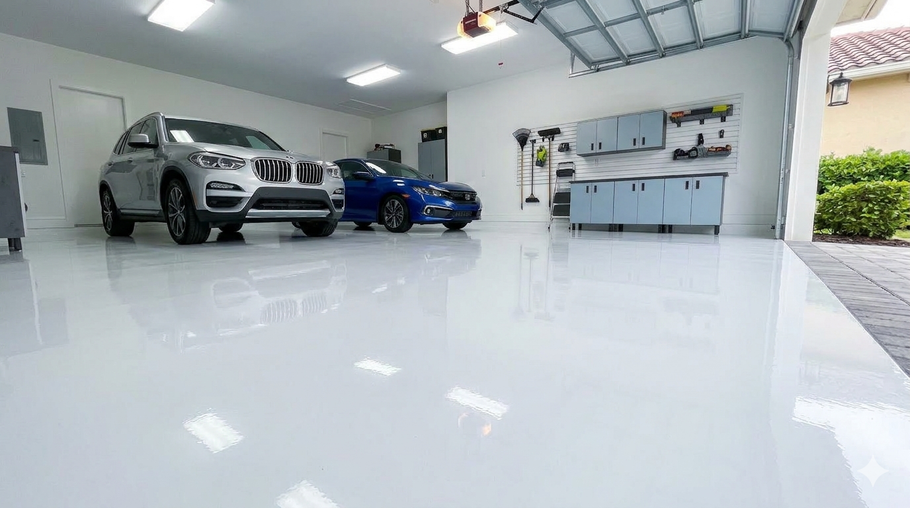 Two cars parked in a brightly lit, clean residential garage with a smooth, glossy white epoxy floor.