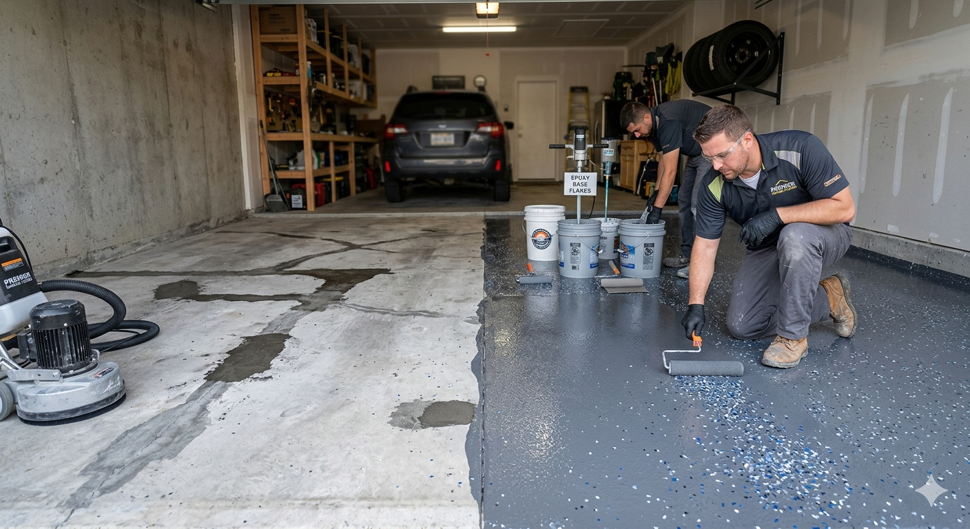 Two workers in black uniforms apply a grey epoxy floor coating with paint rollers in a residential garage.