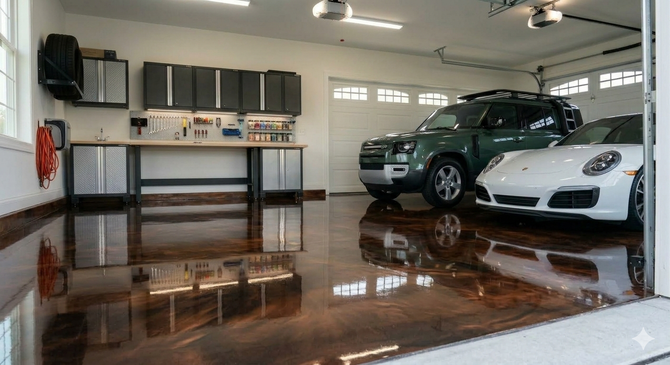 A modern, organized garage with high-gloss epoxy floors, metal storage cabinets, and two parked cars.