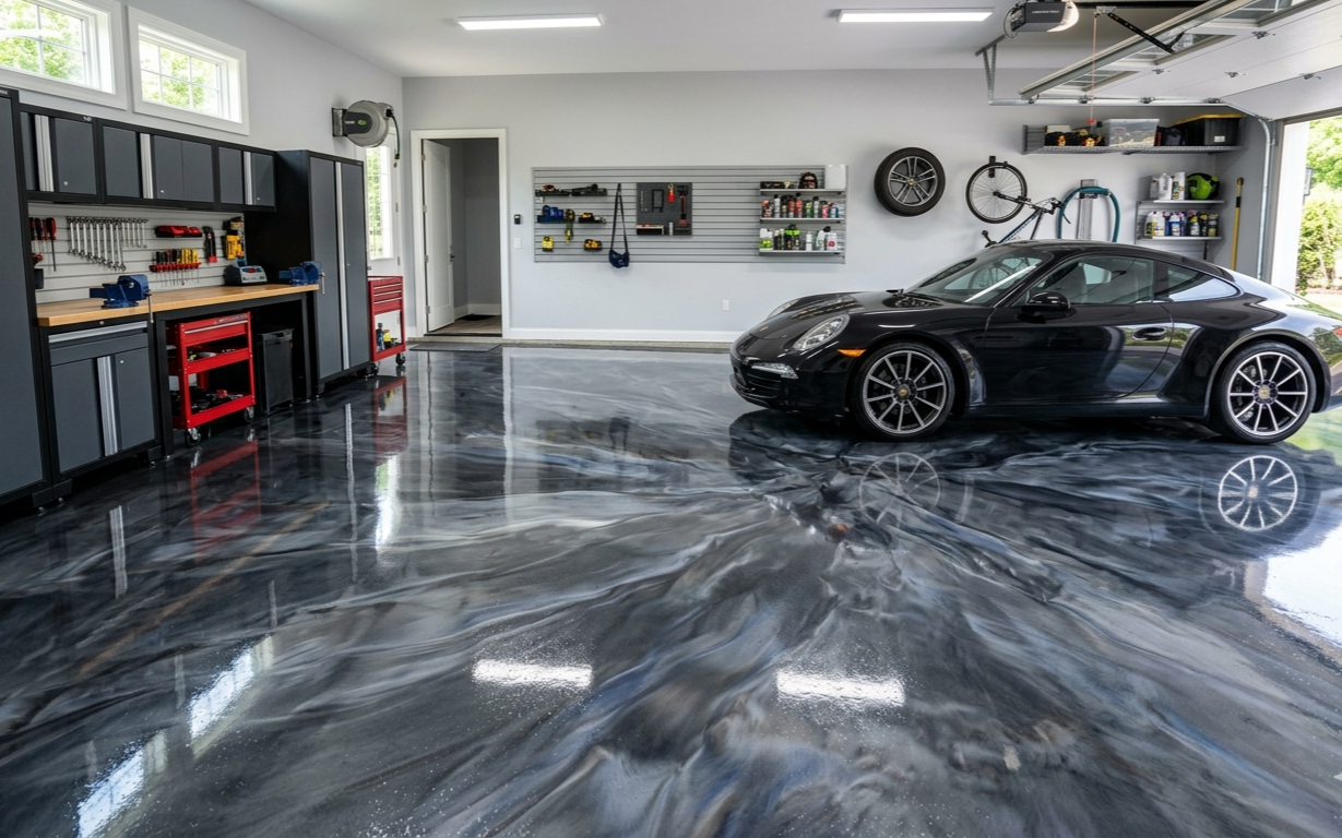 A sleek black sports car parked in a modern, organized garage with a glossy, marbled gray epoxy floor.