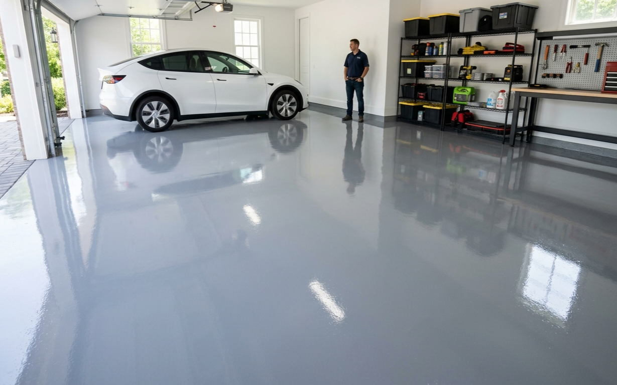 A man stands in a clean garage with a white car parked on a polished, reflective grey epoxy floor.