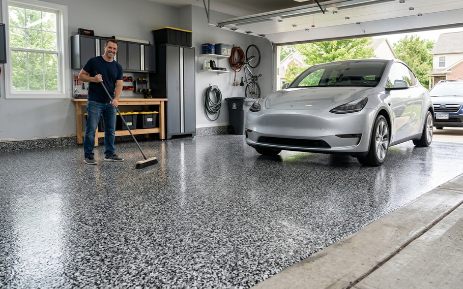 A person sweeps a glossy, gray-speckled epoxy garage floor near a parked silver Tesla.