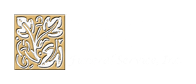 Gold square with intricate leaves and white text.