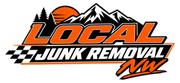 Local Junk Removal NW logo with orange sun, black trees, checkered flag, and bold orange-and-white text