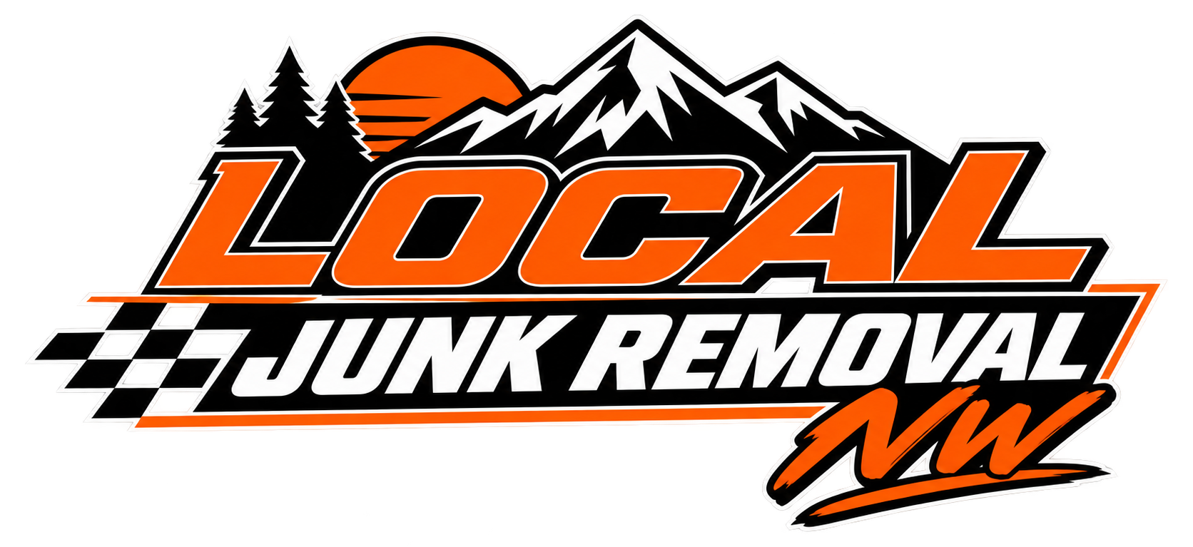 Local Junk Removal NW logo with orange sun, black trees, checkered flag, and bold orange-and-white text