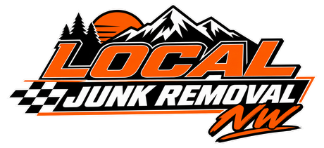 Local Junk Removal NW logo with orange sun, black trees, checkered flag, and bold orange-and-white text