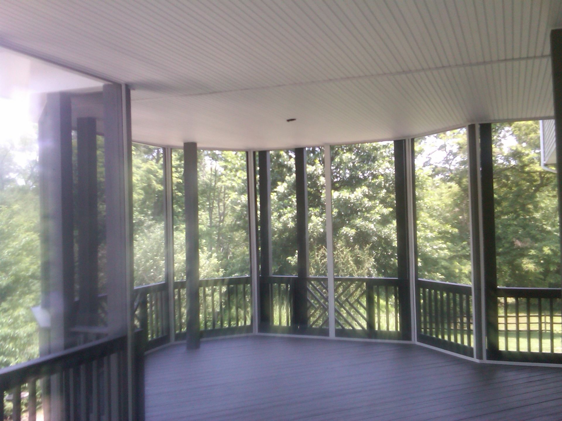Screened-in porch with dark deck, railing, and window frames; curved shape with forest view outside.