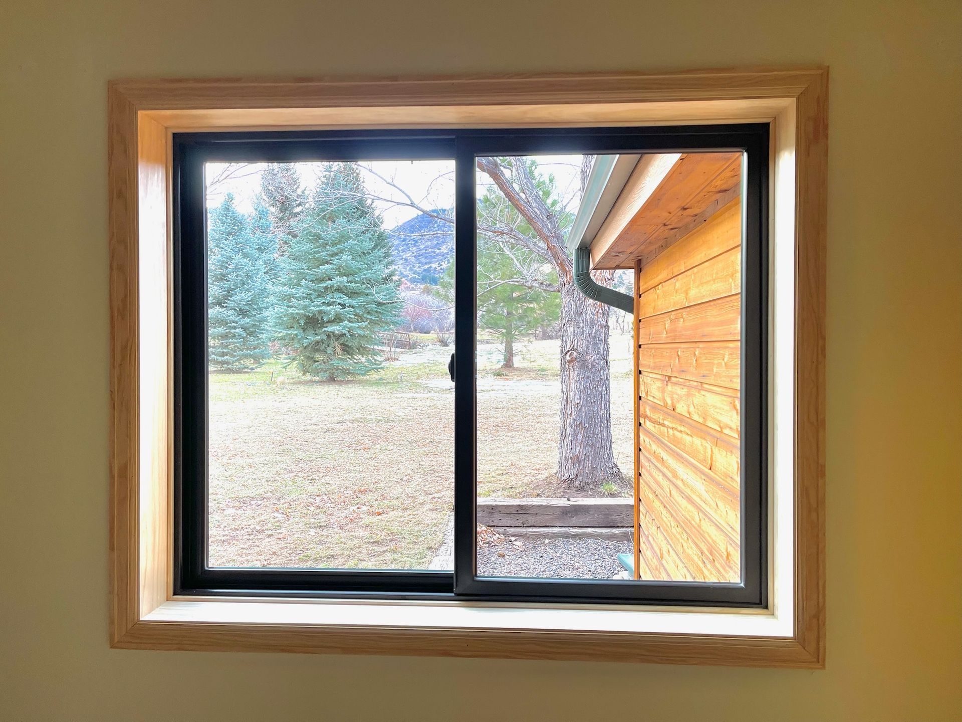 Sliding window with black frame and light wood trim, showing a view of trees and a building's exterior.