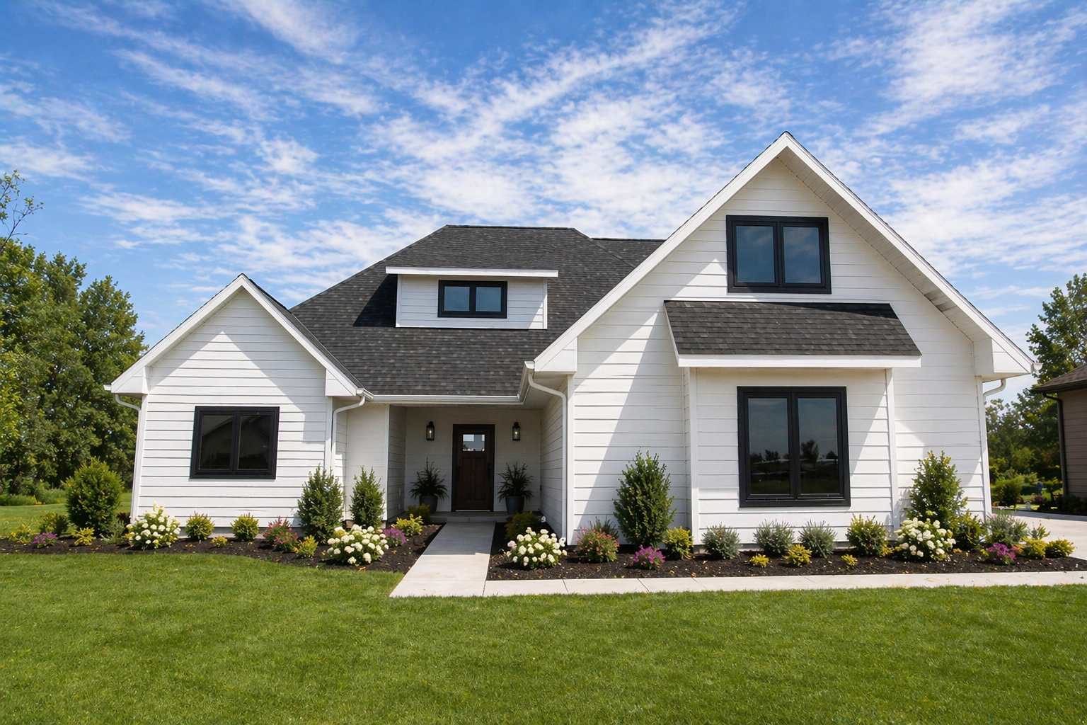Modern white house with black roof, front porch, large windows, and manicured green lawn under a blue sky