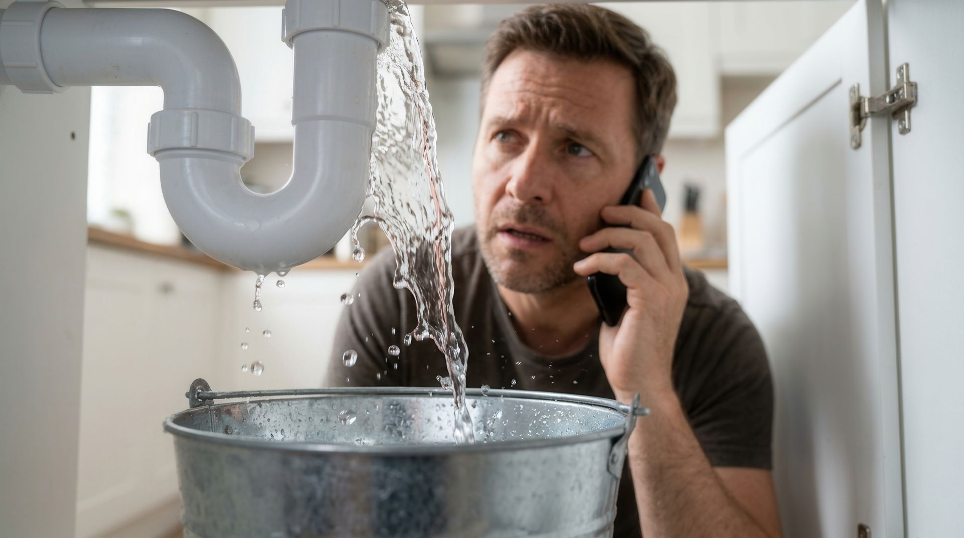 Stressed homeowner calling for emergency plumbing services as a pipe leaks into a bucket