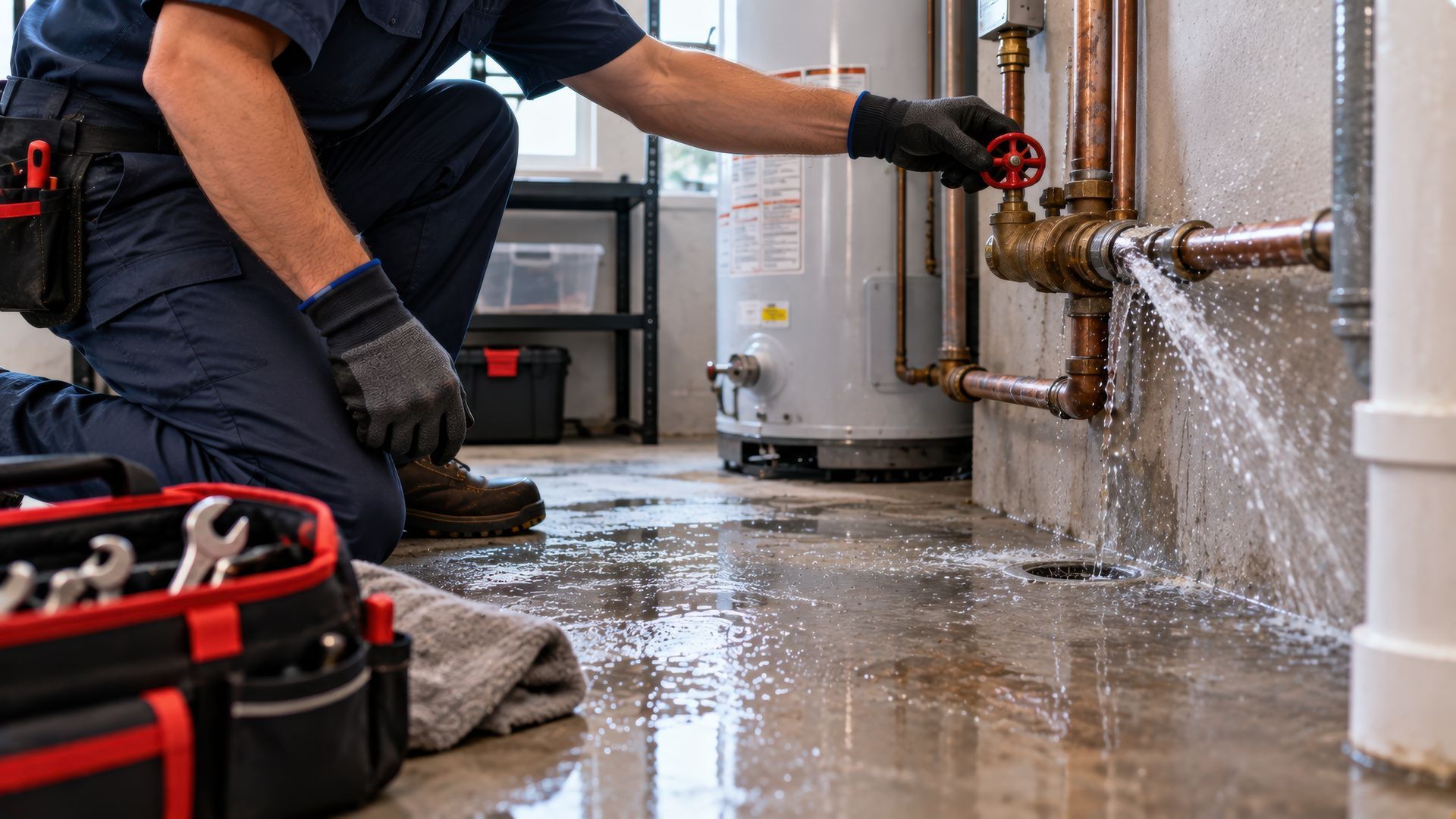 Plumber providing emergency plumbing services by shutting off a burst pipe in a flooded basement Plumber providing emergency plumbing services by shutting off a burst pipe in a flooded basement