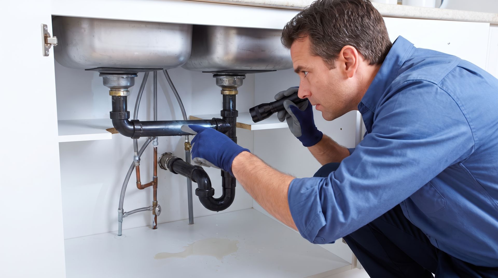 Residential plumber inspecting sink pipes for leaks with a flashlight