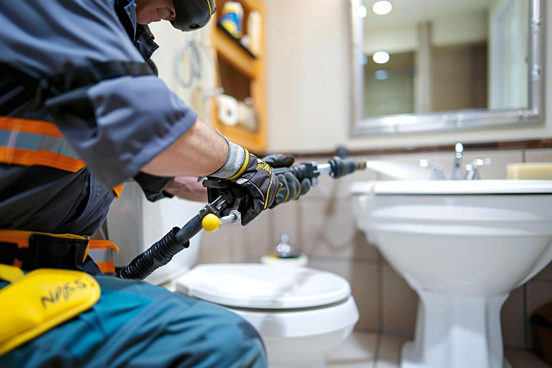 A plumber wearing gloves and a reflective uniform uses a high-pressure hose to clear a toilet drain. A plumber wearing gloves and a reflective uniform uses a high-pressure hose to clear a toilet drain.