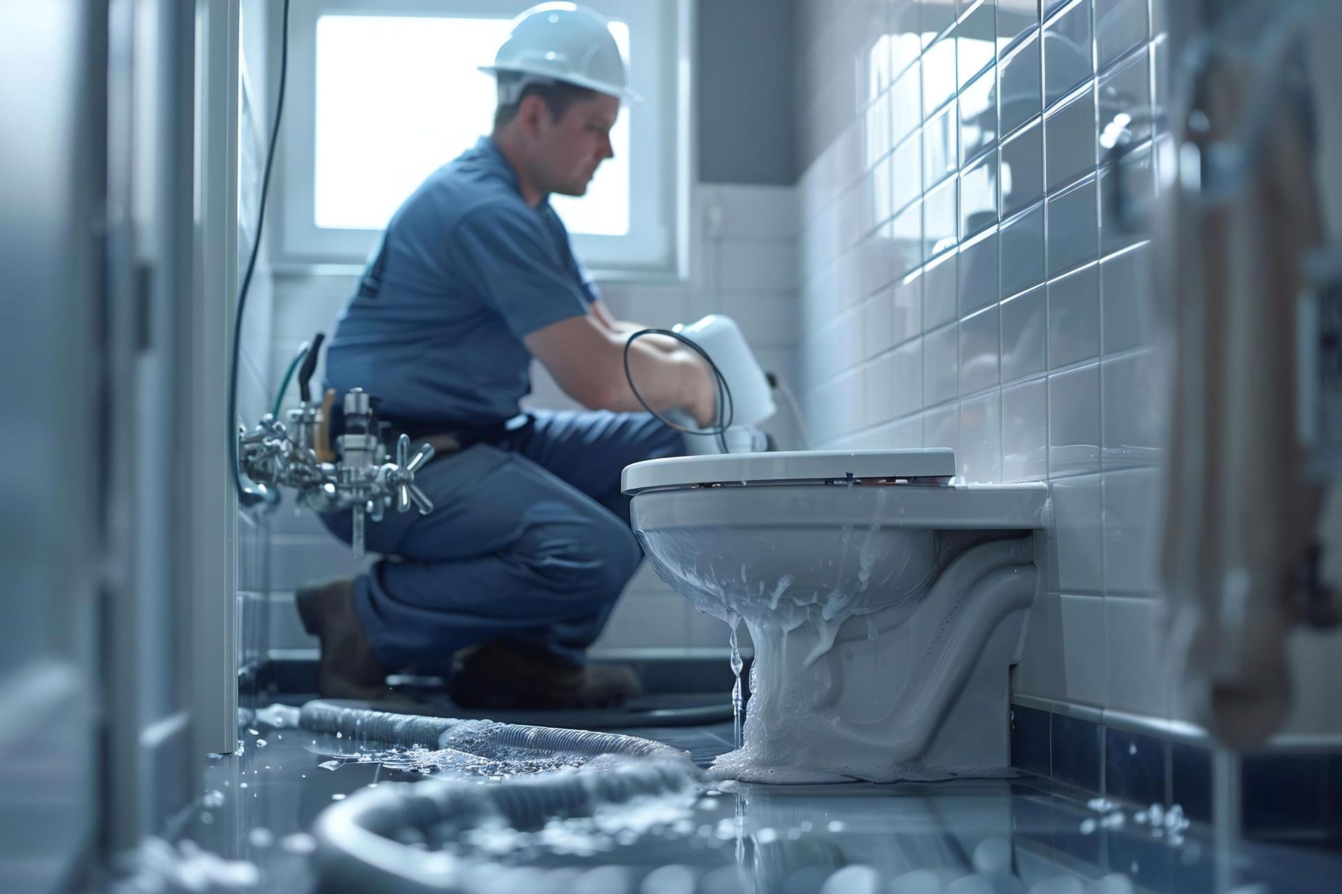 A plumber in blue uniform and hard hat kneels by an overflowing toilet, gripping a wrench amid foam. A plumber in blue uniform and hard hat kneels by an overflowing toilet, gripping a wrench amid foam.