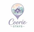 Coorie Stays logo with a purple house inside a map pin and pastel mountains and sun