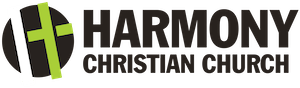 Logo for Harmony Christian Church: black circle with green cross, text 