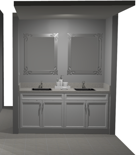 White bathroom vanity with two sinks, mirrors, and cabinets, in a neutral-colored room.