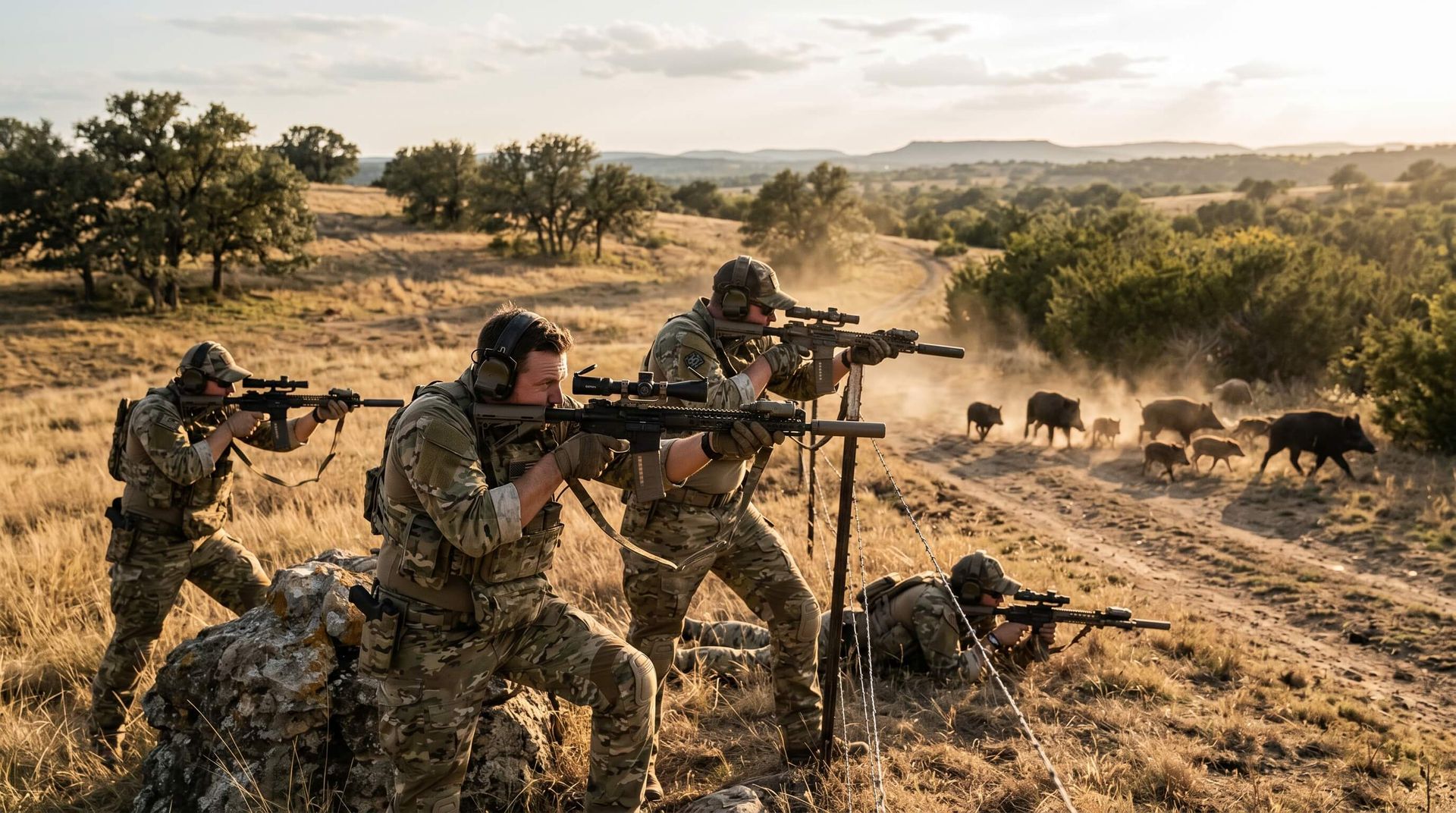 4 guys patiently waiting and pointing their guns at hogs