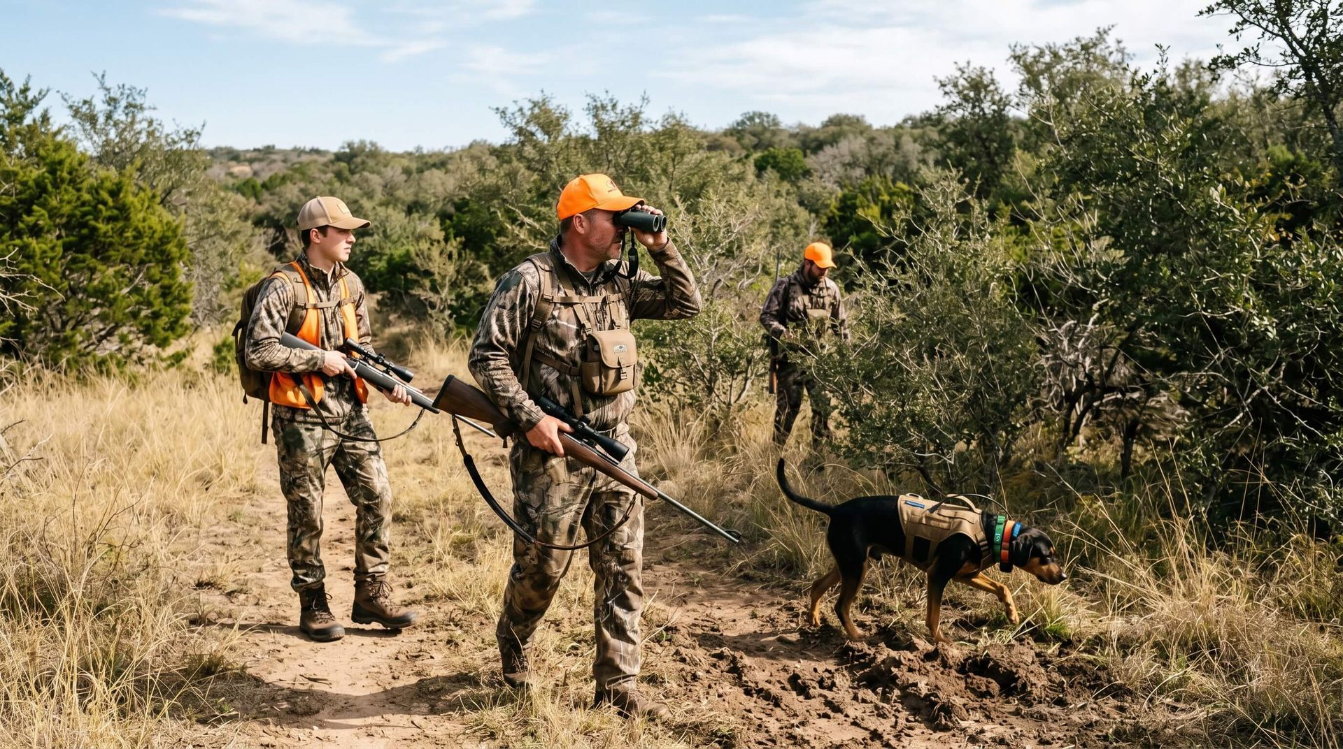 3 guys and a dog stopped on a trail spotting something in the distance while hog hunting