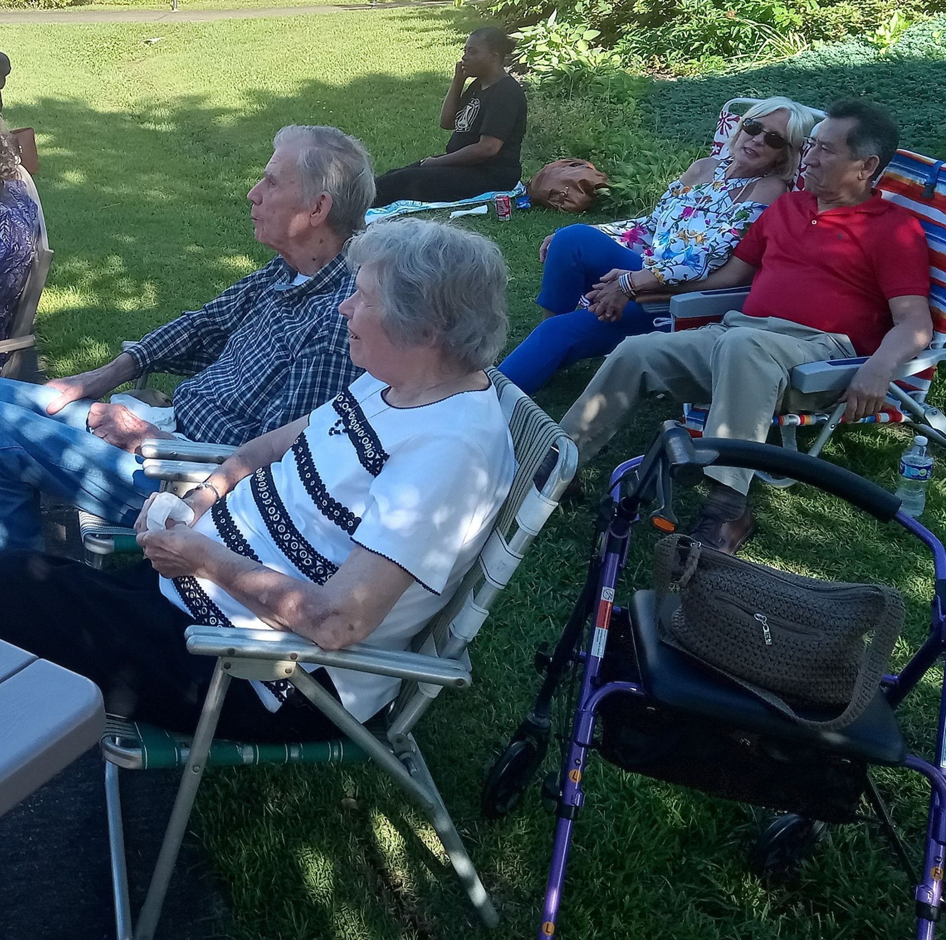 A group of people are sitting in chairs in the grass