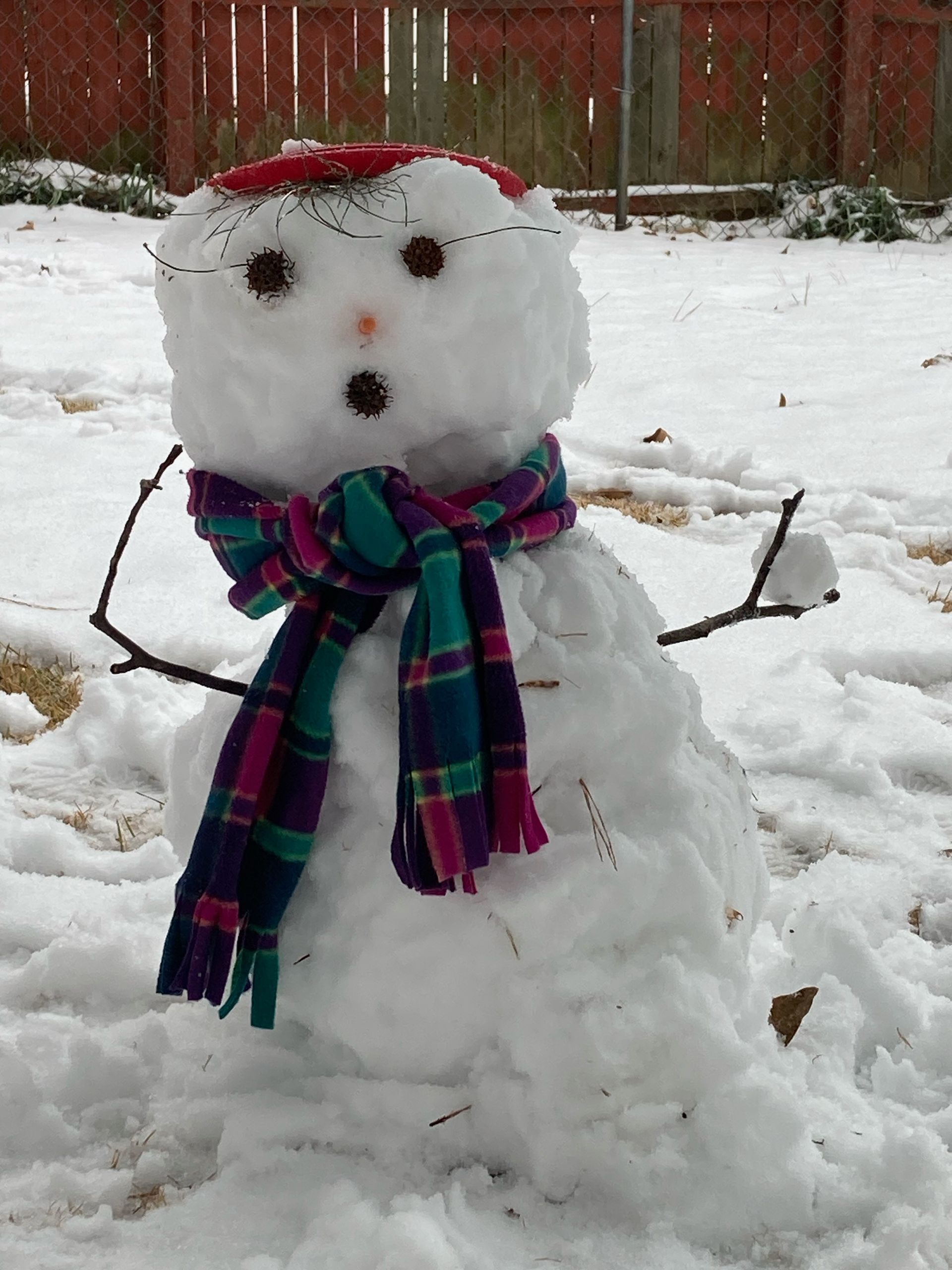 A snowman wearing a scarf and hat is standing in the snow