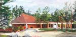 A painting of a house with a red roof