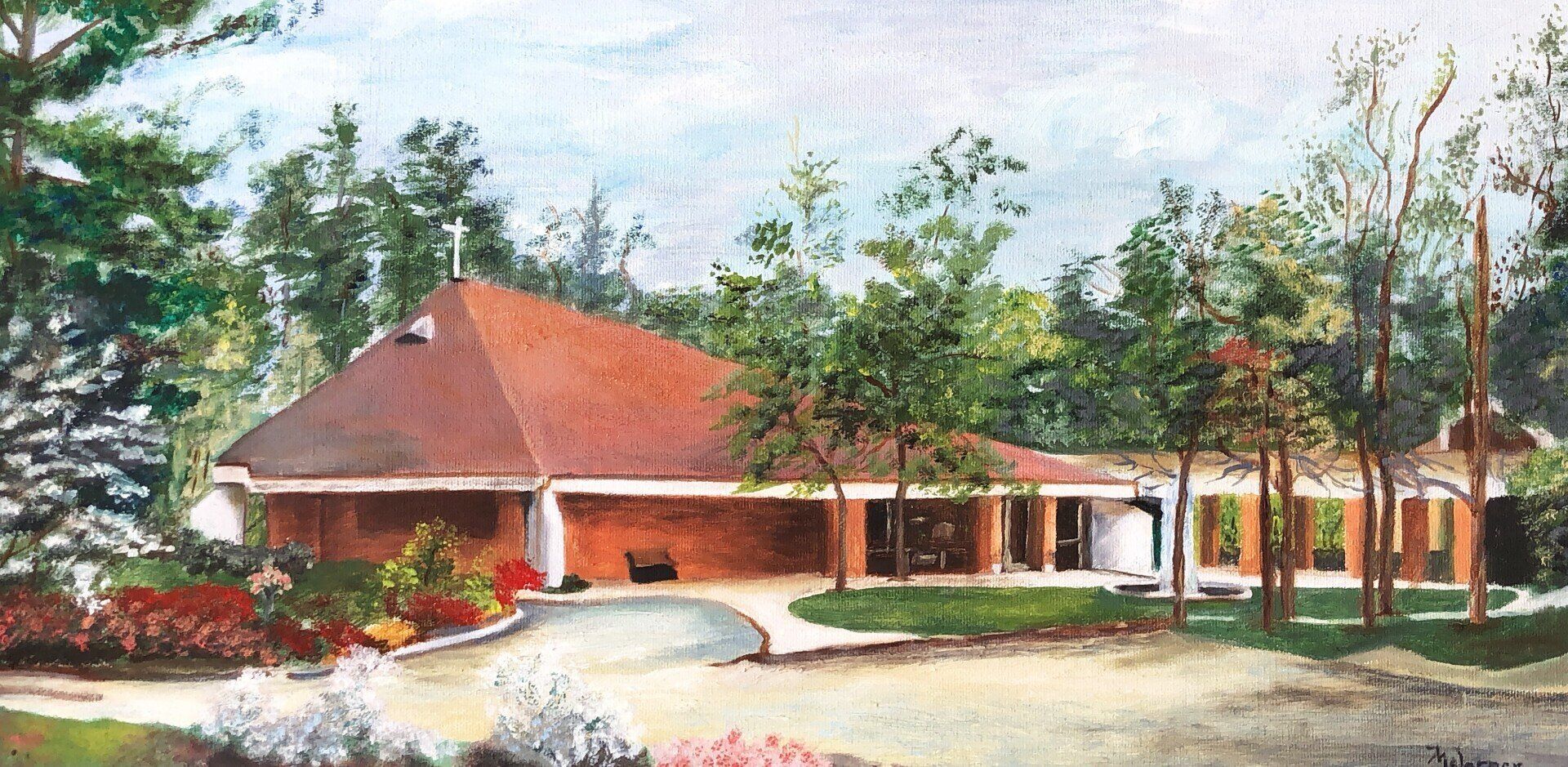 A painting of a house with a red roof