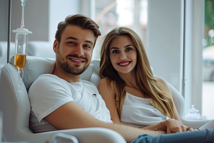Couple sitting, receiving IV drips in a bright room, smiling at camera.