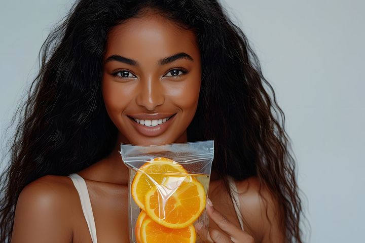 Woman with long black hair smiles, holding a bag of orange slices.