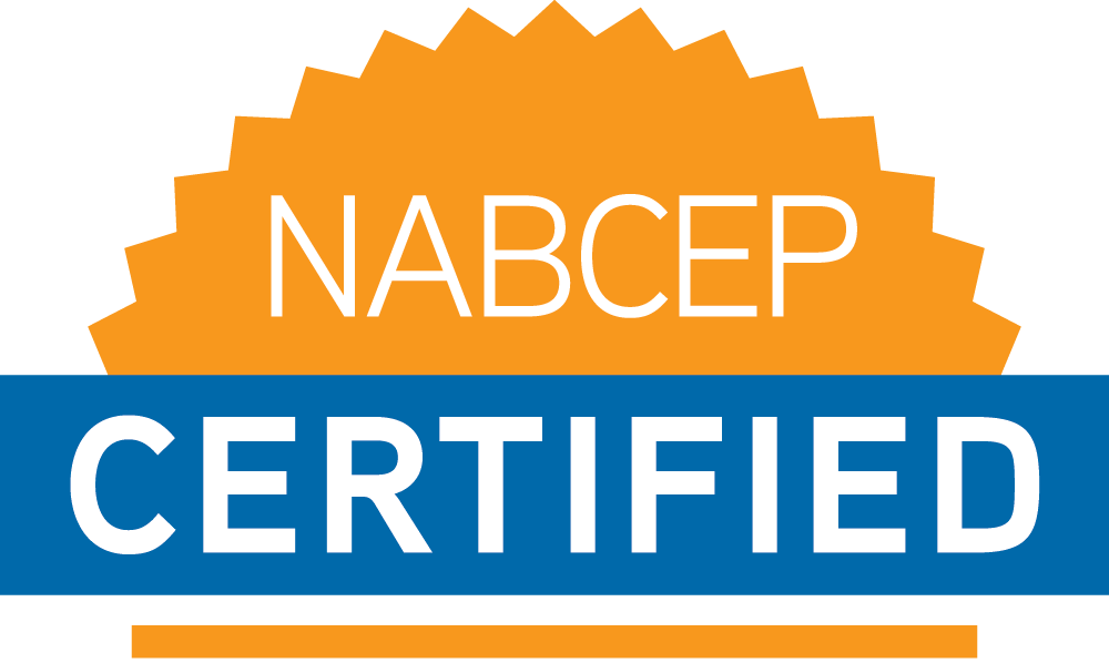 NABCEP Certified badge: orange burst with