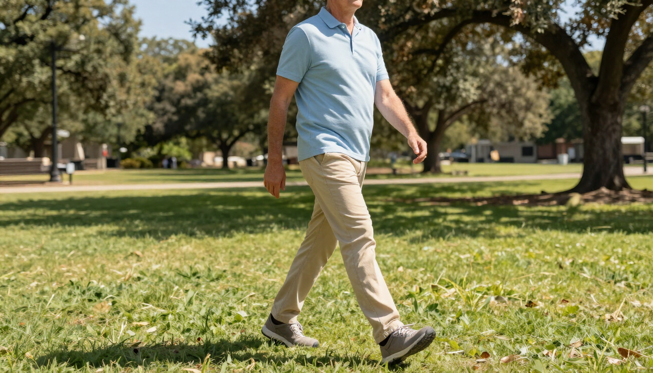 Happy person walking in a park