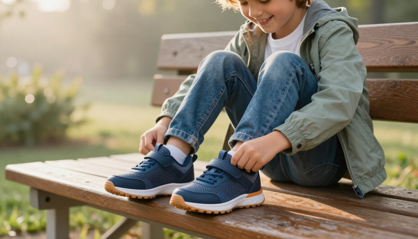 Child putting on new sneakers for the school year.