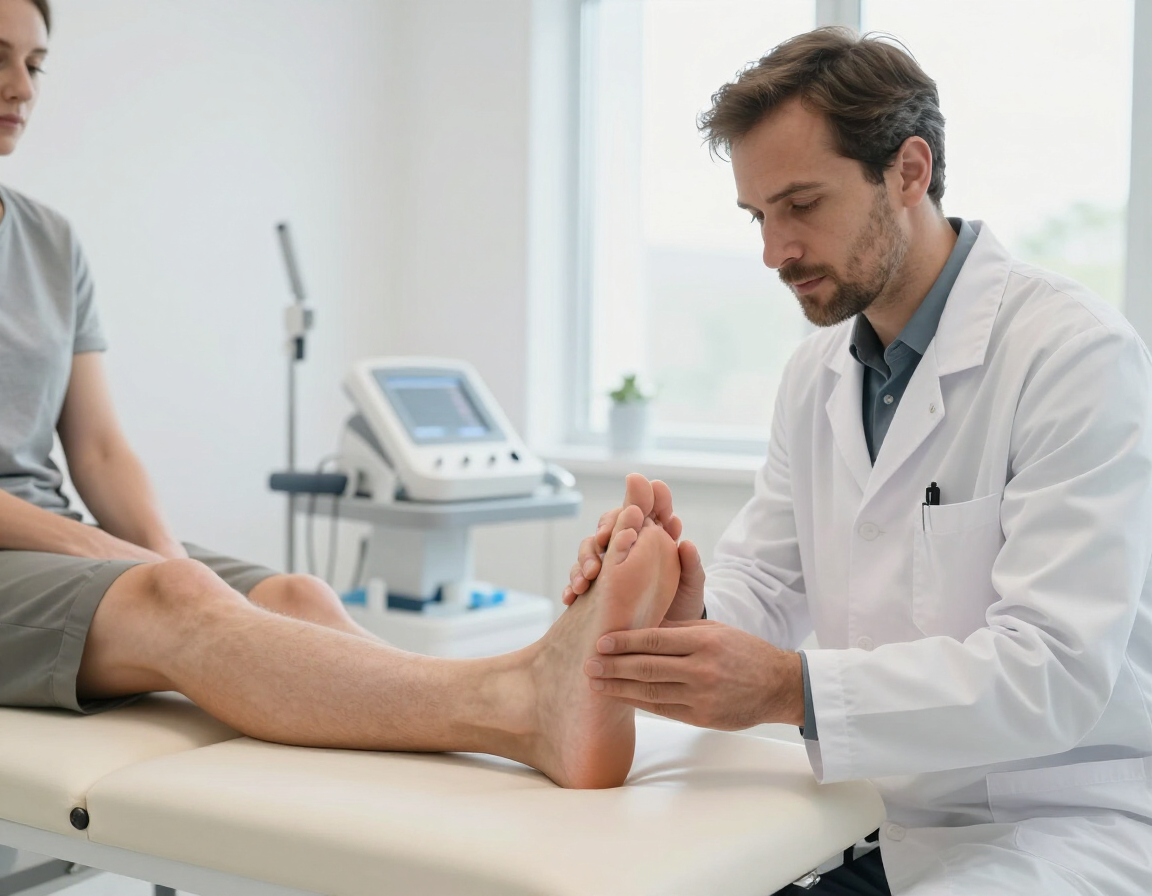 Podiatrist examining a patient's foot and ankle for heel pain