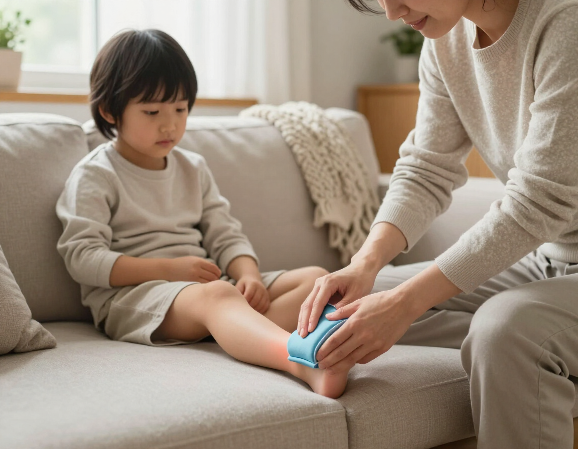 Parent applying a wrapped cold pack to a child’s swollen ankle