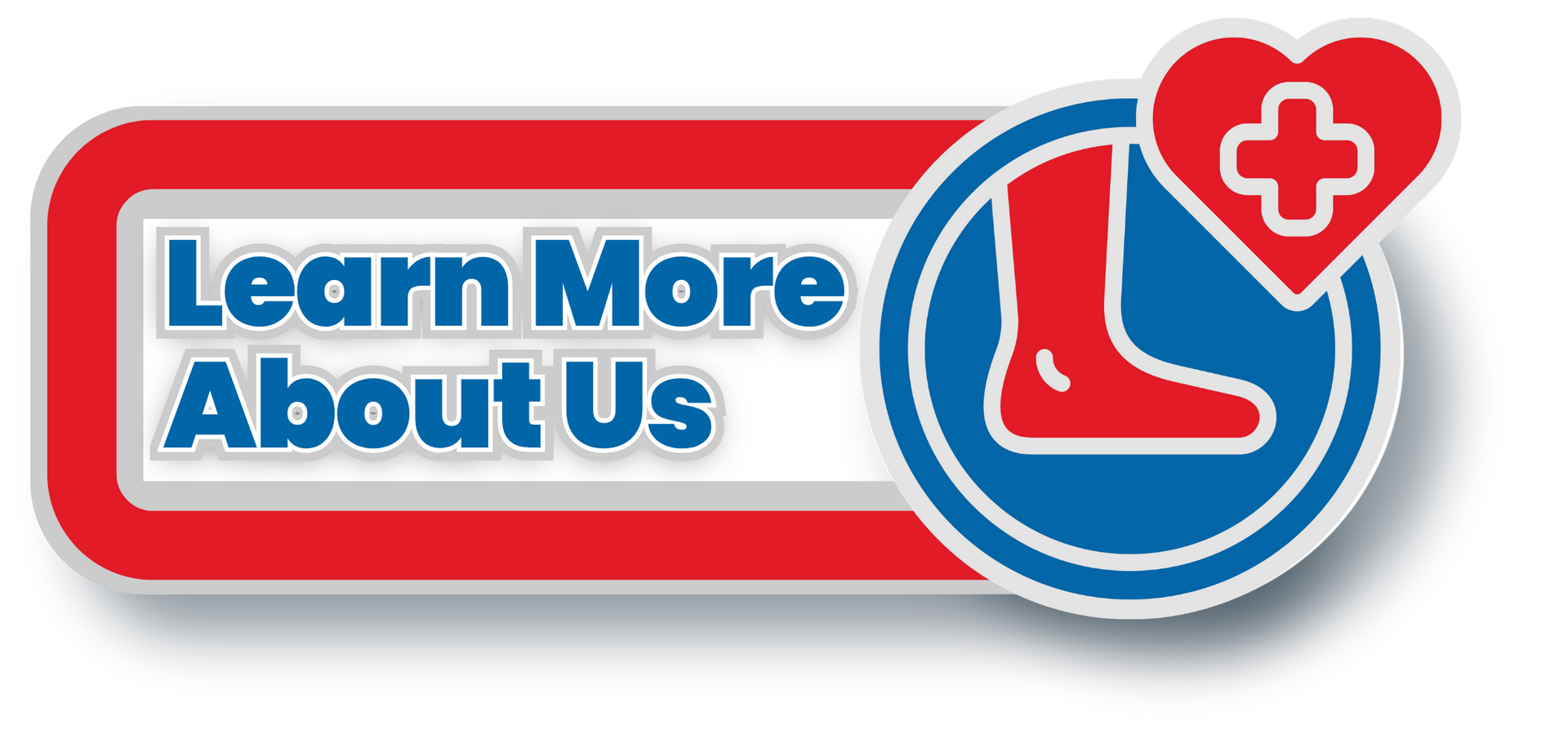 “Learn More About Us” button with red and blue medical cross icon