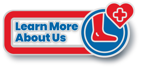 “Learn More About Us” button with red and blue medical cross icon
