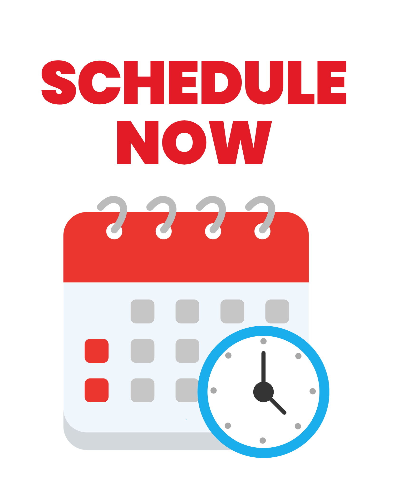 Red “Schedule Now” text above a calendar and clock icon with a blue outline