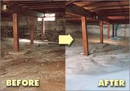 Before and after view of a crawl space. The “before” shows dirt floor, “after” has vapor barrier covering the ground.