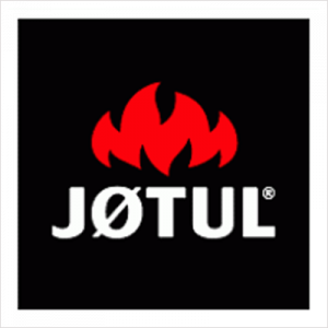 Un logotipo en blanco y negro para Jotul con una llama roja.