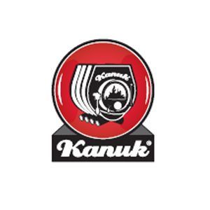 Un logotipo kanuk rojo y negro sobre un fondo blanco.
